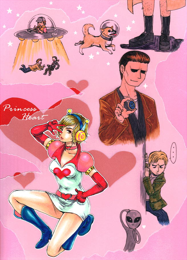 alien blonde_hair commentary_request dog heather_mason jacket kikimimi_612 lips magical_girl marker_(medium) multiple_boys multiple_girls one_eye_closed panties short_hair silent_hill:_homecoming silent_hill:_origins silent_hill_1 silent_hill_2 silent_hill_3 traditional_media ufo underwear upskirt watercolor_(medium)