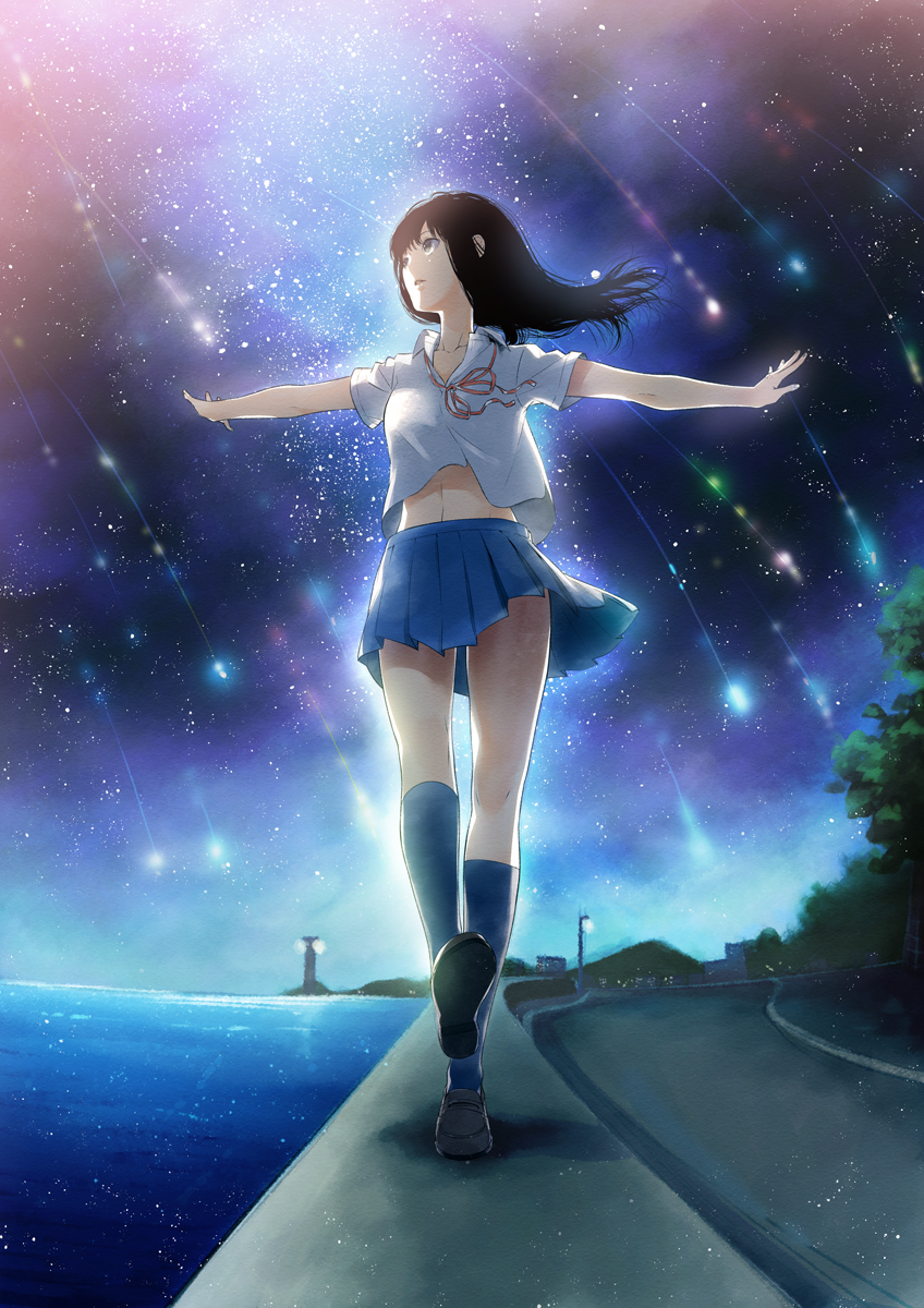 1girl backlighting black_footwear black_hair blue_legwear blue_skirt collarbone collared_shirt full_body highres kanno_sayu kneehighs loafers long_hair looking_to_the_side looking_up midriff neck_ribbon night original outdoors outstretched_arms parted_lips pleated_skirt ribbon road shirt shoes shooting_star short_sleeves skirt sky solo spread_arms star_(sky) starry_sky walking water white_shirt wind wing_collar