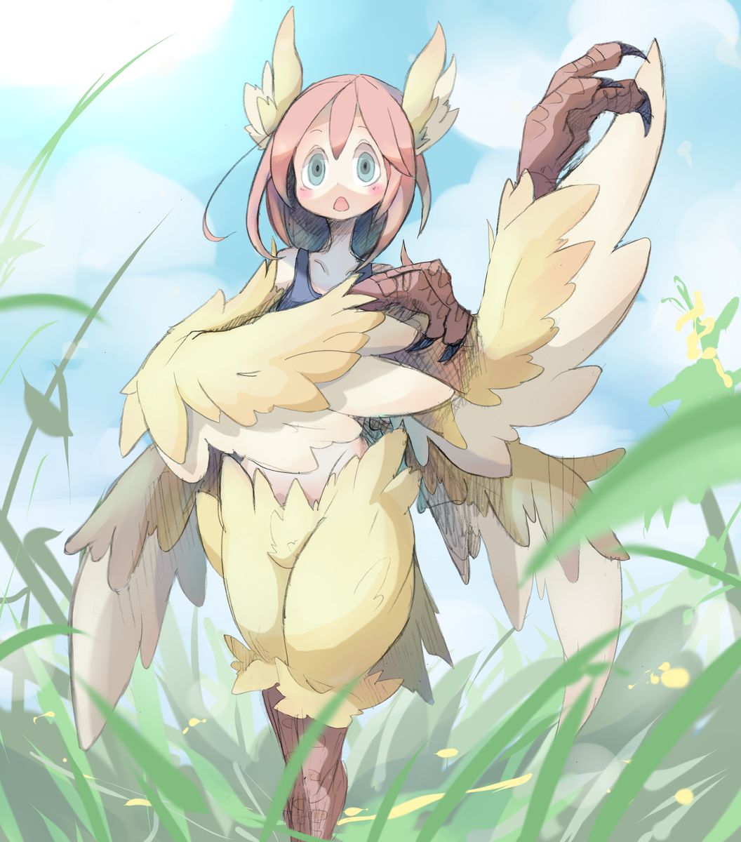 1girl 41n39 blue_eyes blush claws feathered_wings feathers harpy head_feathers head_wings highres monster_girl open_mouth original pink_hair short_hair solo surprised tank_top winged_arms wings yellow_feathers