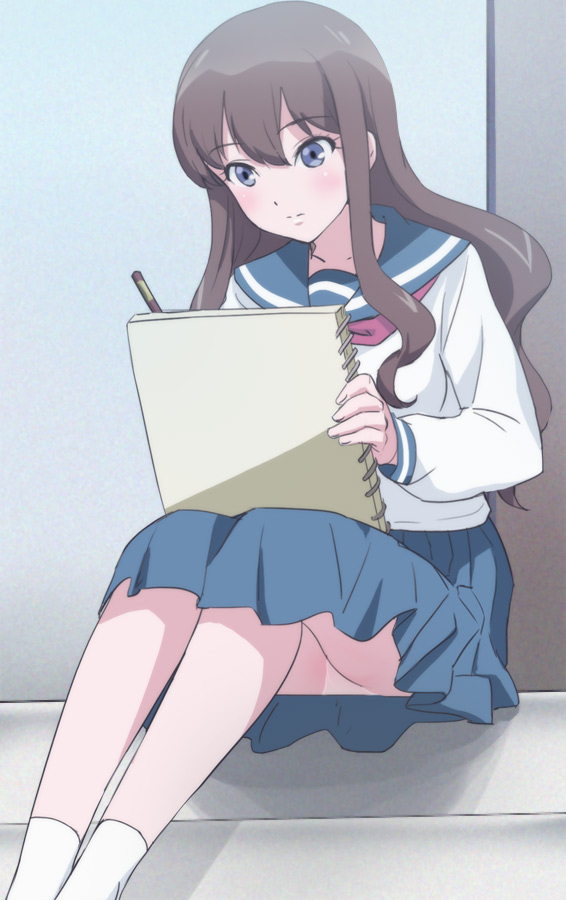 1girl blue_eyes blue_skirt brown_hair haruyama_kazunori iwasaki_shiho long_hair long_sleeves panties pantyshot pantyshot_(sitting) school_uniform serafuku sitting skirt socks solo underwear wake_up_girls!