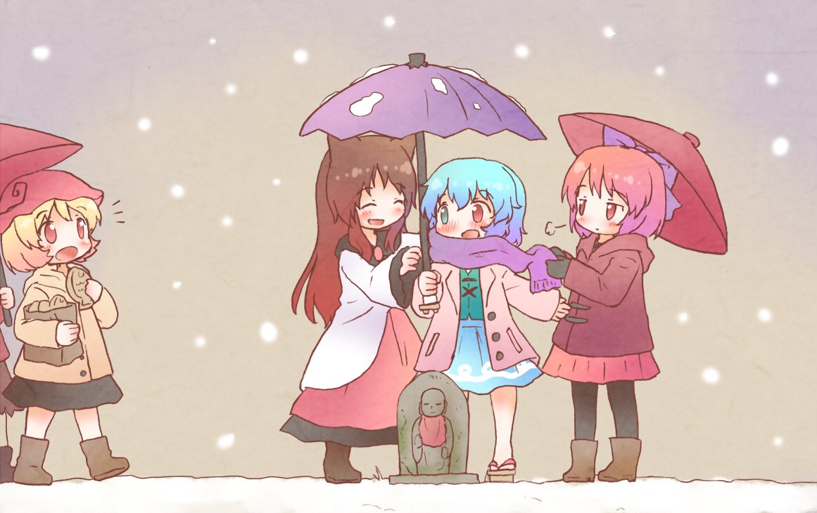 5girls :d aki_minoriko aki_shizuha animal_ears aqua_vest arinu bag blonde_hair blue_eyes blue_hair blue_skirt blue_umbrella blush bow brown_coat brown_footwear brown_hair closed_eyes coat cold dress food geta hair_bow hat heterochromia holding holding_umbrella hood hood_down hooded_coat imaizumi_kagerou jizou juliet_sleeves long_hair long_sleeves multiple_girls open_mouth paper_bag pink_coat pink_skirt puffy_sleeves purple_bow purple_scarf purple_umbrella red_coat red_eyes red_hat red_umbrella redhead scarf sekibanki short_hair skirt smile snow snowing taiyaki tatara_kogasa touhou trembling umbrella wagashi white_dress winter winter_clothes wolf_ears