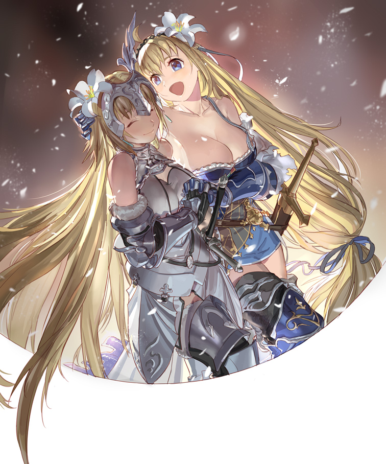 2girls armor armored_dress blonde_hair blue_eyes breasts cleavage closed_eyes crossover fate/grand_order fate_(series) flower granblue_fantasy hair_flower hair_ornament hand_holding hand_on_another's_head happy holy_pumpkin jeanne_d'arc_(fate) jeanne_d'arc_(fate)_(all) jeanne_d'arc_(granblue_fantasy) long_hair multiple_girls namesake open_mouth smile tiara very_long_hair