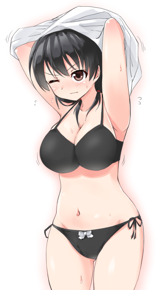 arms_up black_bra black_eyes black_hair black_panties bra breasts cleavage debutya_aki gluteal_fold hair_tie jindai_komaki large_breasts one_eye_closed panties saki shirt shirt_lift side-tie_panties simple_background sweat thigh_gap underwear underwear_only undressing white_background white_shirt