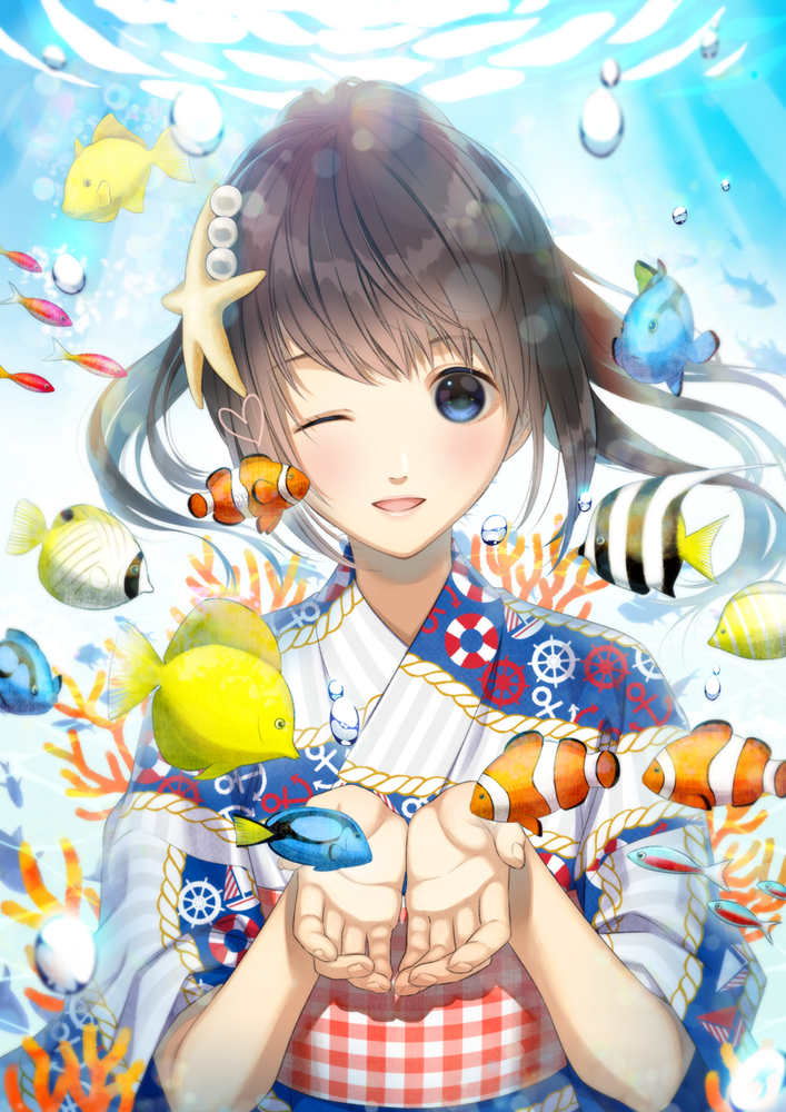 1girl ;d air_bubble blue_eyes brown_hair bubble coral cupping_hands eyebrows_visible_through_hair fish hair_ornament head_tilt japanese_clothes kanno_sayu kimono long_hair looking_at_viewer obi one_eye_closed open_mouth original sash smile star star_hair_ornament sunlight underwater upper_body