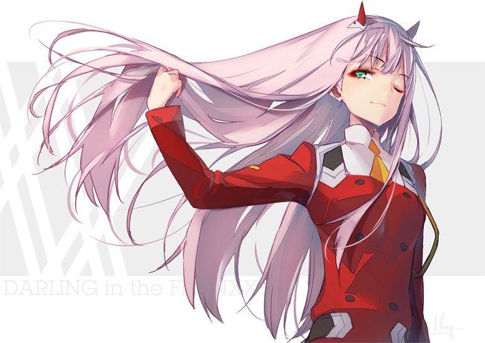 1girl closed_mouth commentary copyright_name darling_in_the_franxx eyeshadow floating_hair green_eyes hairband hand_in_hair hand_up hong_(white_spider) horns jacket long_hair long_sleeves looking_at_viewer makeup necktie one_eye_closed pink_hair red_jacket smile solo standing upper_body zero_two_(darling_in_the_franxx)