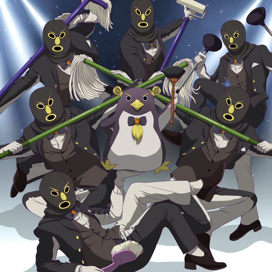(o)_(o) 6+boys bird black_footwear black_jacket black_pants blue_neckwear bow bowtie brown_vest butler eclair_ecleir_eicler gloves hand_up holding jacket k-ta long_sleeves looking_at_viewer mask mop multiple_boys overlord_(maruyama) pants penguin shirt shoes sitting standing vest white_gloves white_shirt