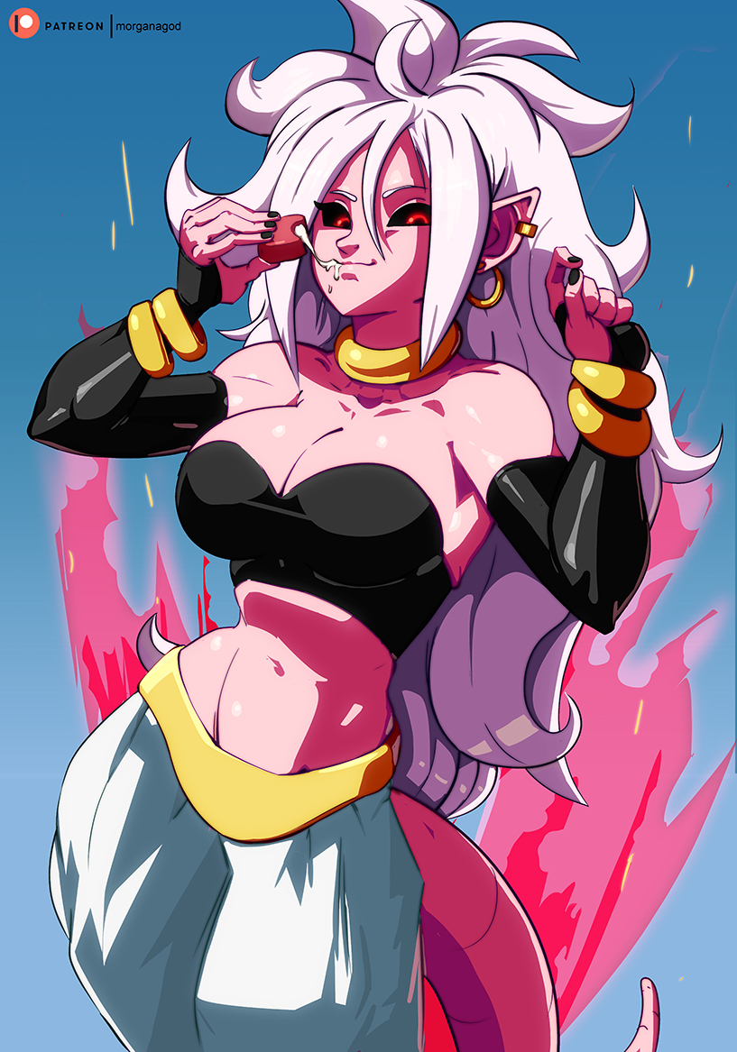1girl android_21 android_21_(evil) arm_warmers baggy_pants bandeau black_nails black_sclera bracelet breasts cleavage cream dragon_ball dragon_ball_fighterz ear_piercing earrings food harem_pants hoop_earrings jewelry large_breasts long_hair looking_at_viewer majin_android_21 monster_girl morganagod nail_polish navel pants patreon_username piercing pink_skin pointy_ears red_eyes smile solo spoilers stomach tail white_hair