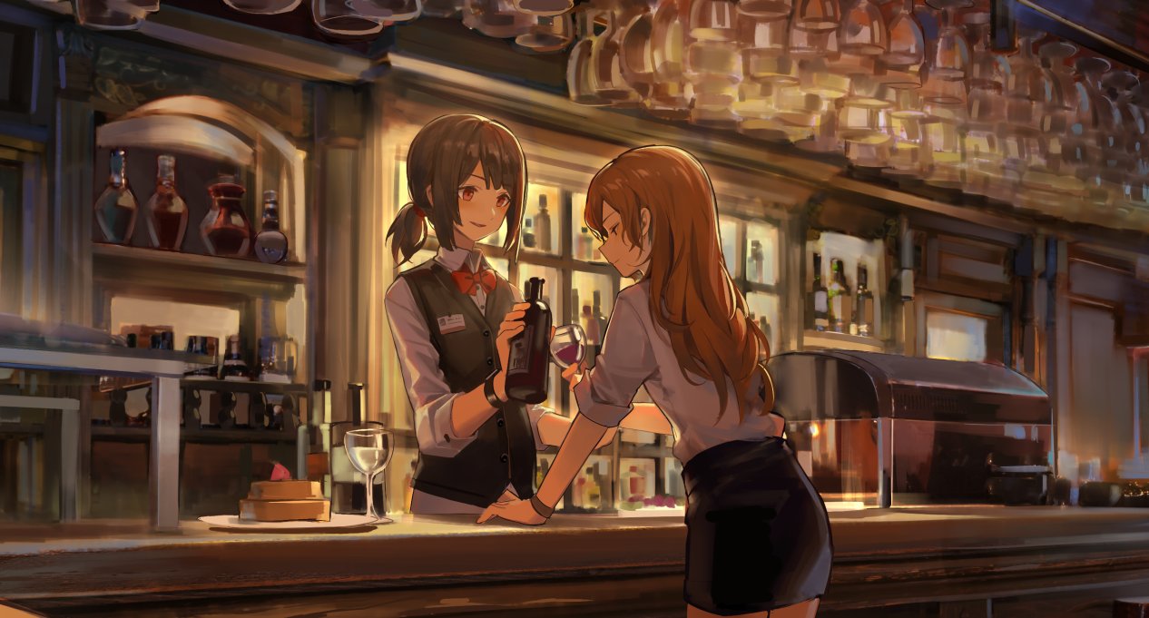 2girls arm_support bar bottle bow bowtie brown_eyes brown_hair collared_shirt counter cowboy_shot cup drinking_glass huanxiang_heitu indoors light_brown_hair long_hair looking_at_another low_ponytail multiple_girls original pencil_skirt shirt short_ponytail sidelocks skirt sleeves_folded_up smile standing talking vest wine_glass
