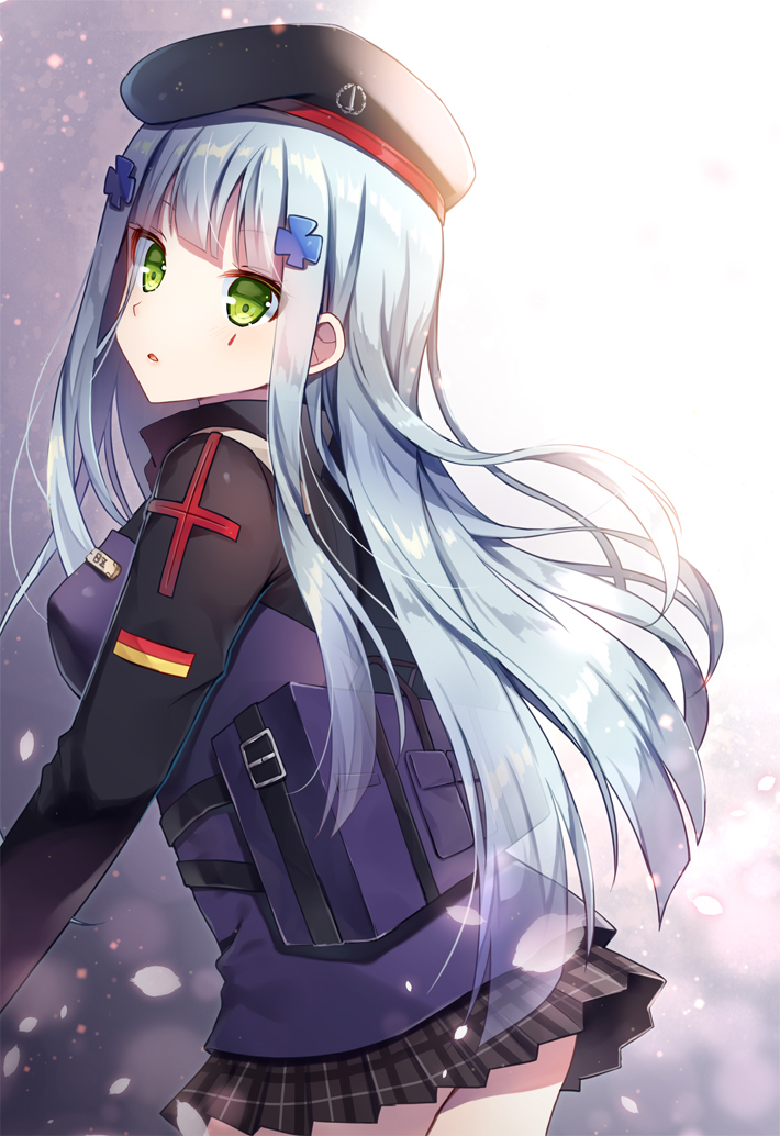 1girl :o backpack bag bangs beret black_hat black_jacket black_skirt blue_hair breasts eyebrows_visible_through_hair facial_mark girls_frontline green_eyes hair_ornament hat head_tilt hk416_(girls_frontline) jacket long_hair long_sleeves looking_at_viewer looking_to_the_side mauve medium_breasts parted_lips plaid plaid_skirt pleated_skirt skirt solo very_long_hair