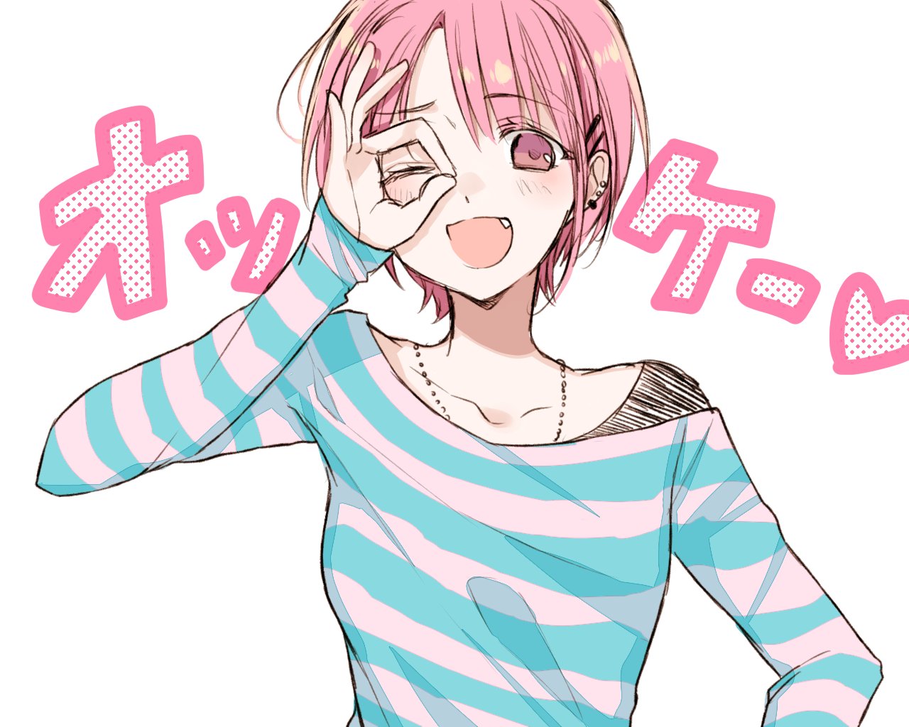 1girl :d blue_shirt blush chisumi commentary_request copyright_request ear_piercing fang hair_ornament hairclip hand_up jewelry long_sleeves necklace ok_sign one_eye_closed open_mouth piercing pink_eyes pink_hair shirt short_hair simple_background smile solo striped striped_shirt upper_body white_background