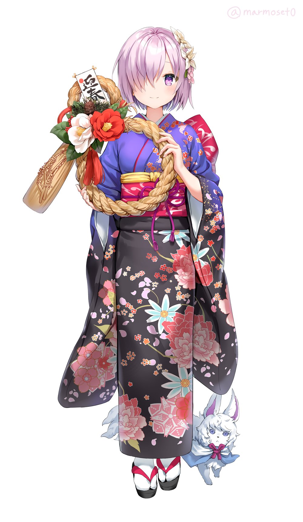 1girl bangs blush creature fate/grand_order fate_(series) floral_print flower fou_(fate/grand_order) full_body furisode hair_flower hair_ornament hair_over_one_eye highres holding japanese_clothes kimono lavender_hair long_sleeves looking_at_viewer marmoset_(marmoset0) mash_kyrielight new_year obi sash shimekazari simple_background smile solo standing tabi twitter_username violet_eyes white_background white_legwear wide_sleeves zouri