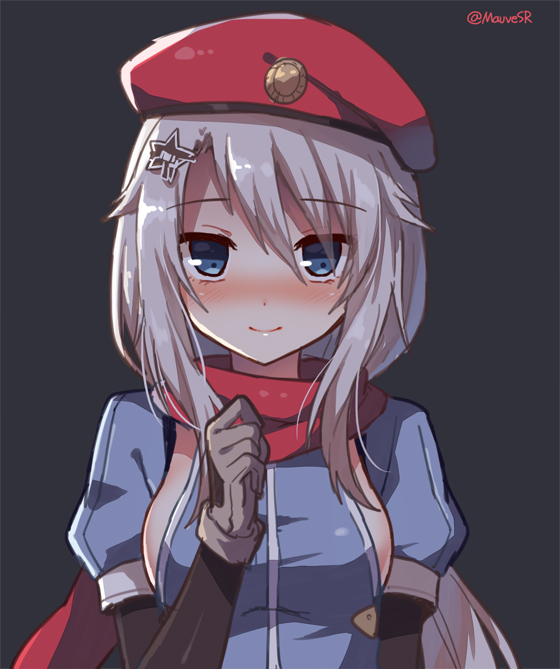 1girl 9a-91_(girls_frontline) bangs beret black_background blue_eyes blue_jacket blush breasts brown_gloves closed_mouth eyebrows_visible_through_hair girls_frontline gloves hair_between_eyes hair_ornament hand_up hat jacket long_hair long_sleeves looking_at_viewer mauve medium_breasts nose_blush puffy_short_sleeves puffy_sleeves red_hat red_scarf scarf short_sleeves sideboob silver_hair simple_background smile solo star star_hair_ornament twitter_username very_long_hair