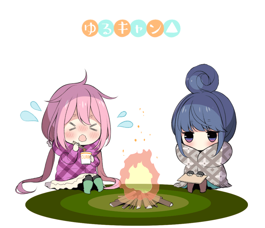 &gt;_&lt; 2girls :o black_gloves black_legwear blue_hair blush campfire chibi chopsticks copyright_name eating embers fingerless_gloves fire flying_sweatdrops food gloves hair_bun hair_ornament hair_scrunchie holding jitome kagamihara_nadeshiko kanno_sayu long_hair low_twintails multicolored multicolored_eyes multiple_girls no_mouth noodles nose_blush open_mouth pink_coat pink_hair ramen ramen scrunchie shawl shima_rin sitting twintails very_long_hair wavy_mouth white_background wood yurucamp