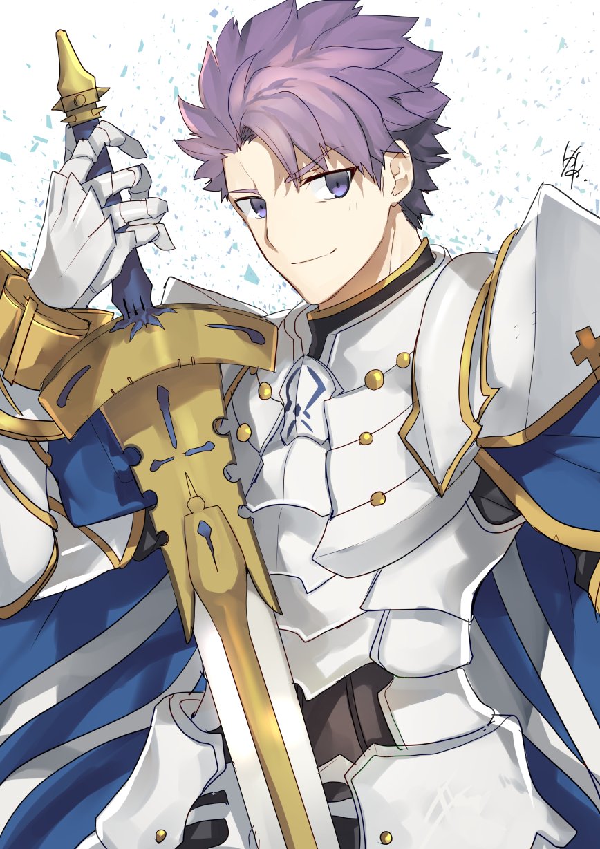 1boy armor arondight cape closed_mouth eyebrows_visible_through_hair fate/grand_order fate_(series) highres holding holding_weapon lancelot_(fate/grand_order) looking_at_viewer male_focus nikame purple_hair smile solo sword violet_eyes weapon