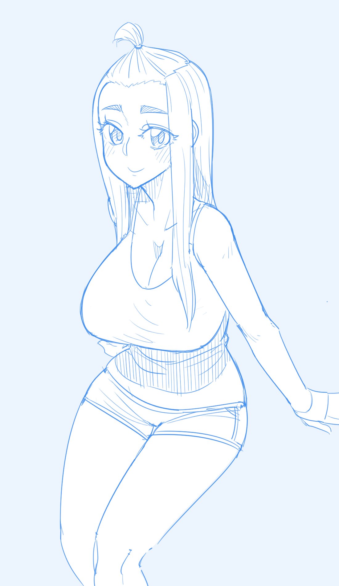 1girl bare_shoulders blue blue_background blush breasts cleavage closed_mouth ekz_(drawfag) fingerless_gloves gloves highres huge_breasts invisible_chair legs_together long_hair looking_at_viewer monochrome original shirt short_shorts shorts simple_background sitting sketch sleeveless sleeveless_shirt smile solo thick_eyebrows topknot