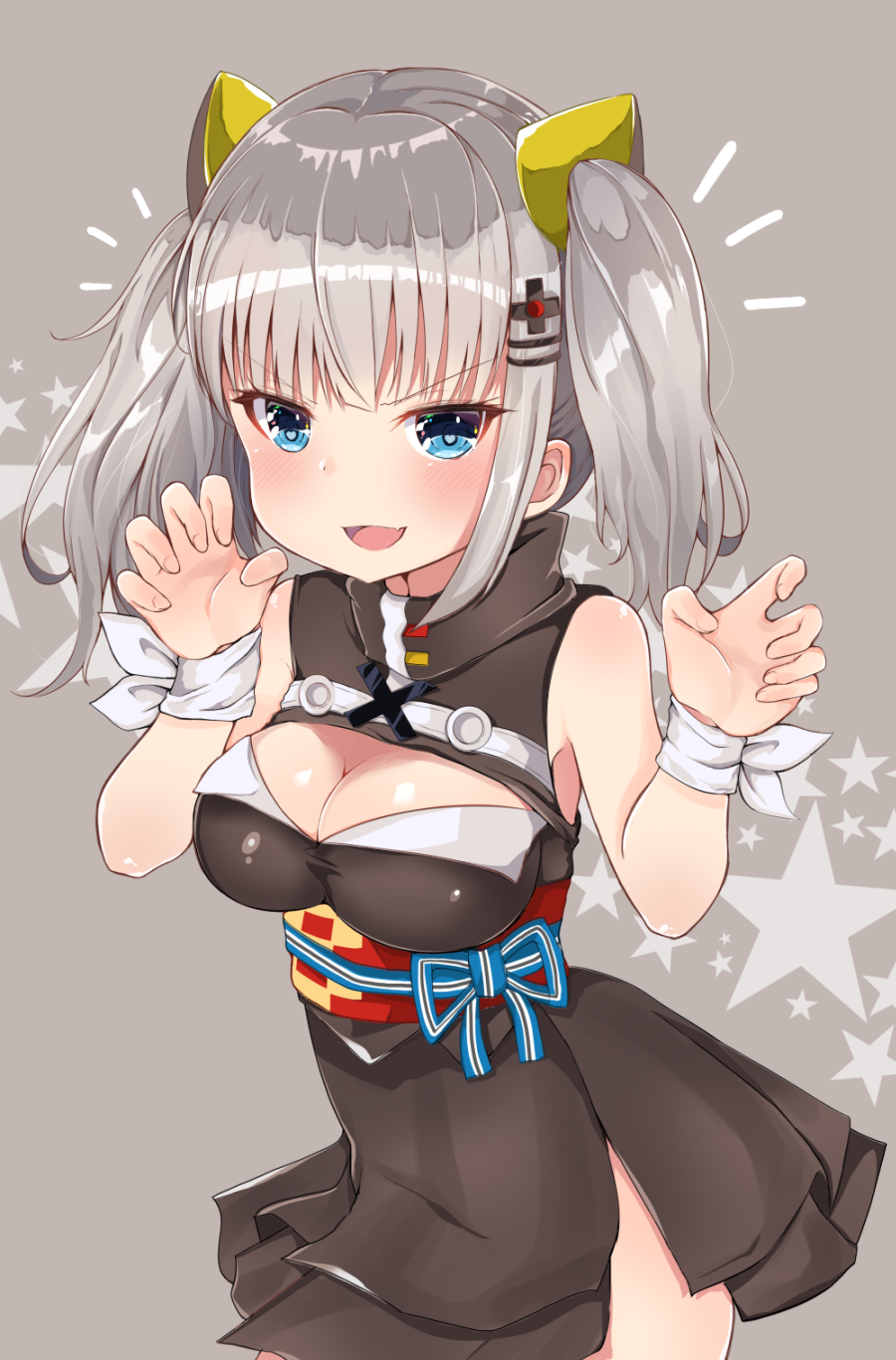 /\/\/\ 1girl :d bangs bare_arms bare_shoulders black_dress blue_eyes blue_ribbon blunt_bangs blush breasts claw_pose cleavage cleavage_cutout cowboy_shot dress eyebrows_visible_through_hair fang grey_background hair_ornament hairclip hands_up heart heart-shaped_pupils highres kaguya_luna kaguya_luna_(character) long_hair looking_at_viewer medium_breasts noeru_(gt17854) open_mouth ribbon shiny shiny_hair side_slit sleeveless sleeveless_dress smile solo standing star starry_background symbol-shaped_pupils tsurime two_side_up underbust v-shaped_eyebrows white_ribbon wrist_ribbon