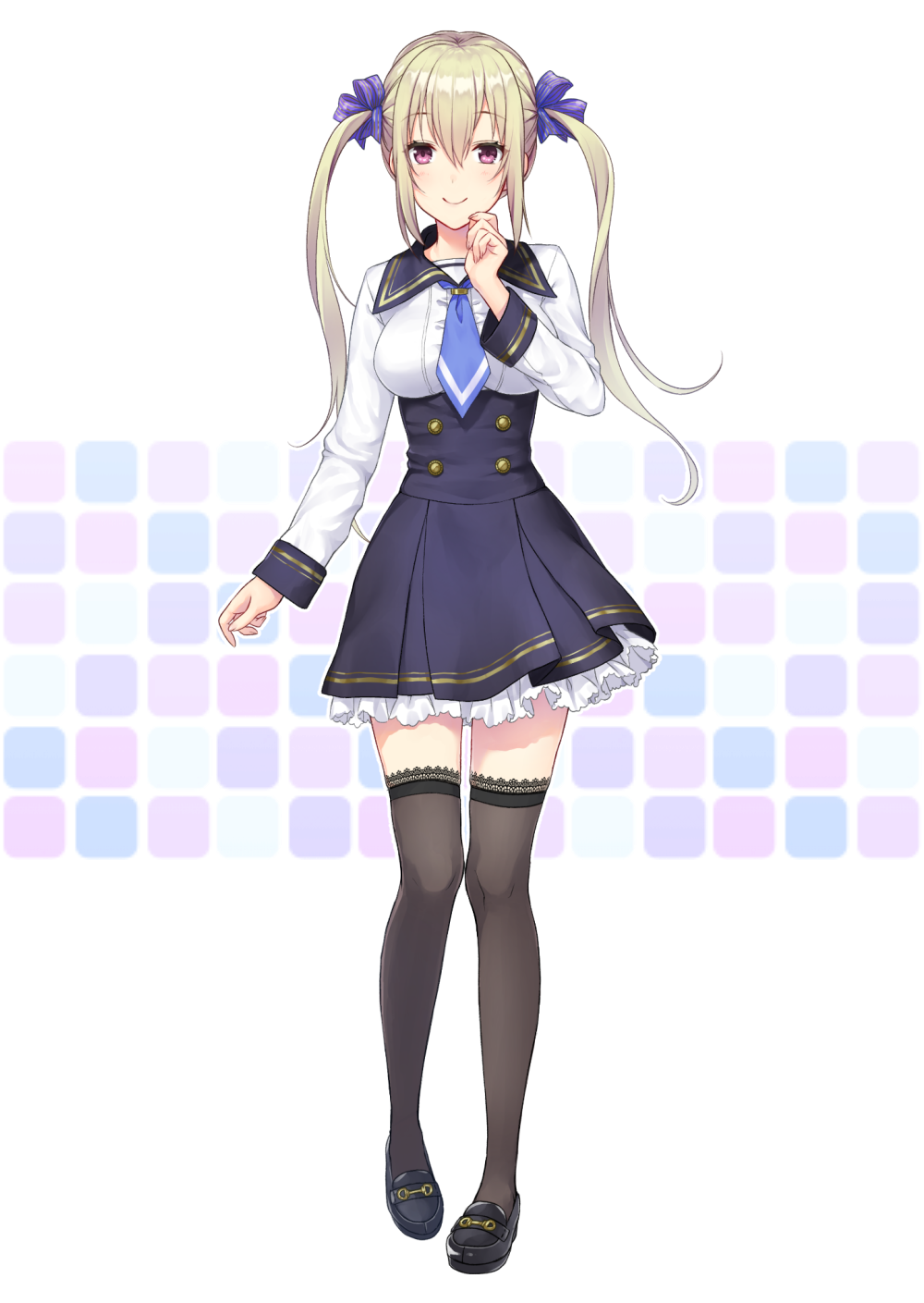 1girl arm_at_side bangs black_footwear black_legwear black_skirt blonde_hair blue_neckwear blush breasts closed_mouth daidai_jamu double-breasted eyebrows_visible_through_hair frilled_skirt frills full_body hair_ribbon hand_on_own_face high-waist_skirt highres lace lace-trimmed_thighhighs long_hair long_sleeves looking_at_viewer medium_breasts multicolored multicolored_background necktie original pink_eyes purple_ribbon ribbon shiny shiny_hair shirt shoes sidelocks skirt smile solo standing thigh-highs twintails underbust white_shirt zettai_ryouiki