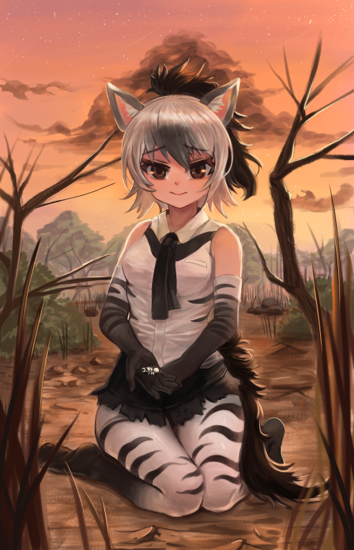 1girl aardwolf_(kemono_friends) aardwolf_ears aardwolf_tail animal_ears animal_print ant bangs bare_shoulders black_hair blurry blurry_foreground breast_pocket brown_eyes closed_mouth clouds commentary_request depth_of_field dokomon elbow_gloves eyebrows_visible_through_hair full_body gloves high_ponytail kemono_friends long_hair looking_at_viewer multicolored_hair necktie no_shoes orange_sky outdoors pantyhose pantyhose_under_shorts pocket ponytail print_gloves print_legwear seiza shirt shorts silver_hair sitting sky sleeveless sleeveless_shirt smile star_(sky) starry_sky tail twilight two-tone_hair