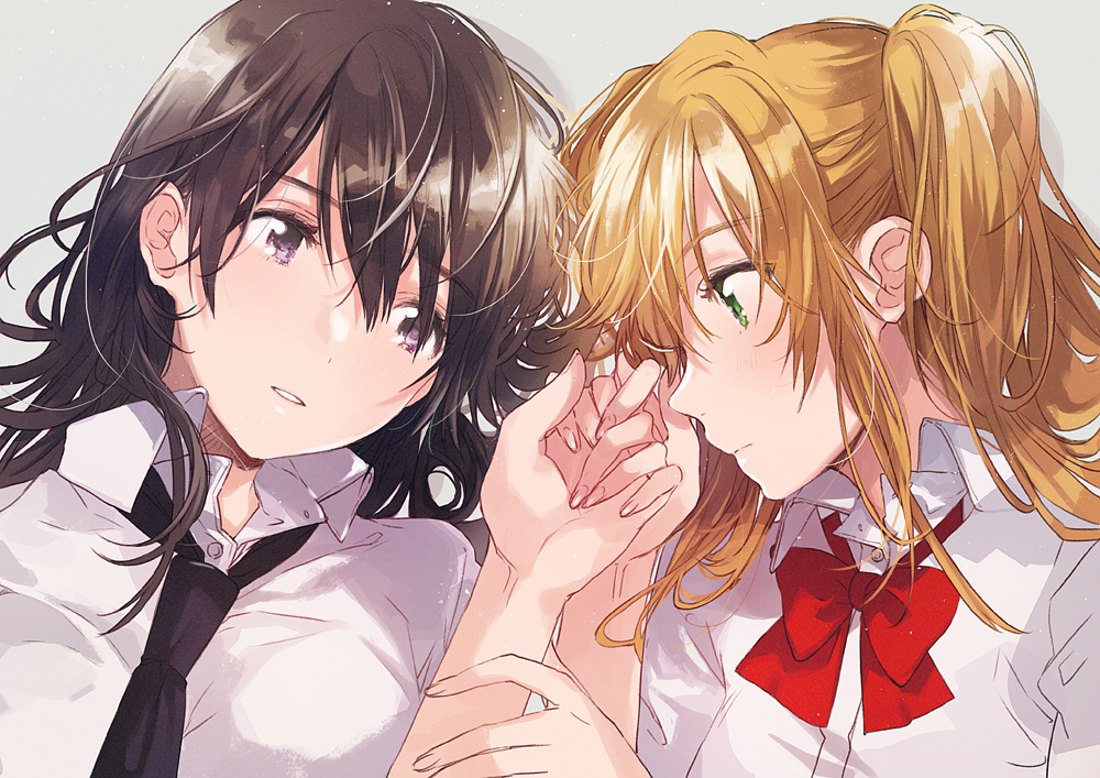 2girls aihara_mei aihara_yuzu bangs black_neckwear blonde_hair blush bow bowtie brown_hair citrus_(saburouta) closed_mouth collared_shirt eyebrows_visible_through_hair fly_(marguerite) green_eyes hair_between_eyes hands light_smile long_hair looking_to_the_side medium_hair multiple_girls necktie parted_lips profile red_bow red_neckwear shiny shiny_hair shirt tareme twintails upper_body violet_eyes white_shirt wing_collar yuri