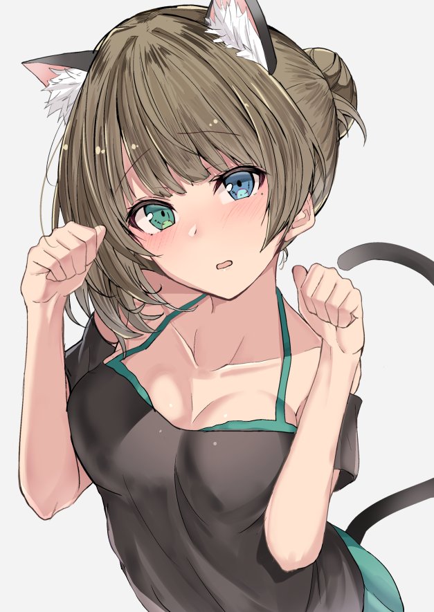 1girl :o animal_ears bangs bare_shoulders black_shirt blue_eyes blunt_bangs blush bra bra_strap breasts cat_ears cat_tail cleavage cure_slum eyebrows_visible_through_hair green_bra green_eyes green_hair hair_bun hands_up heterochromia idolmaster idolmaster_cinderella_girls kemonomimi_mode looking_at_viewer medium_breasts mole mole_under_eye off-shoulder_shirt open_mouth paw_pose shirt short_hair short_sleeves solo tail takagaki_kaede tareme underwear upper_body