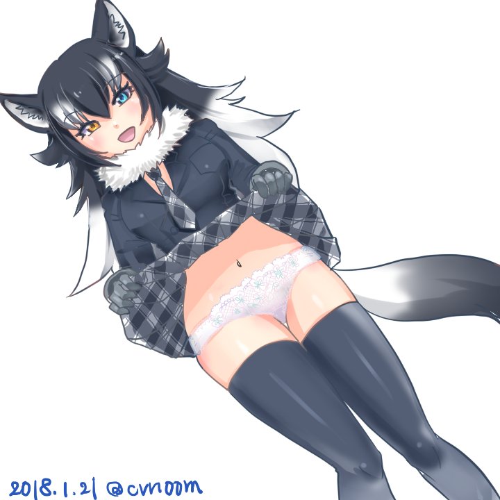 1girl 2018 :d animal_ears bangs black_hair blue_eyes blue_jacket blue_legwear blush breast_pocket breasts dated dot_nose dutch_angle eyebrows eyebrows_visible_through_hair facing_viewer gloves gradient_hair grey_gloves grey_neckwear grey_skirt grey_wolf_(kemono_friends) hair_between_eyes hair_flaps heterochromia jacket kemono_friends lifted_by_self long_hair long_sleeves looking_at_viewer medium_breasts miniskirt multicolored_hair navel necktie open_mouth orange_eyes panties plaid plaid_neckwear plaid_skirt pocket shiyo_(cvn00m) simple_background skirt skirt_lift smile solo stomach tail thigh-highs tongue tsurime twitter_username two-tone_hair underwear white_background white_hair white_panties wolf_ears wolf_tail zettai_ryouiki
