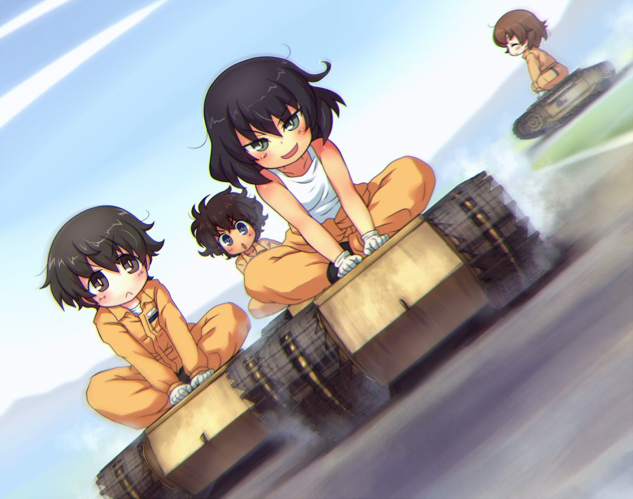 4girls :o arm_support black_footwear black_hair blue_eyes blurry blurry_background brown_eyes brown_hair commentary_request dark_skin day dust_cloud dutch_angle explosive eyebrows_visible_through_hair frown girls_und_panzer gloves goliath_tracked_mine green_eyes hoshino_(girls_und_panzer) indian_style jumpsuit long_sleeves looking_at_another looking_at_viewer mechanic messy_hair mine_(weapon) multiple_girls nakajima_(girls_und_panzer) open_mouth orange_jumpsuit outdoors riding road sankuma shirt shirt_pull shoes short_hair sitting sky smile standing suzuki_(girls_und_panzer) tank_top tied_shirt tsuchiya_(girls_und_panzer) v-shaped_eyebrows v_arms white_gloves white_shirt