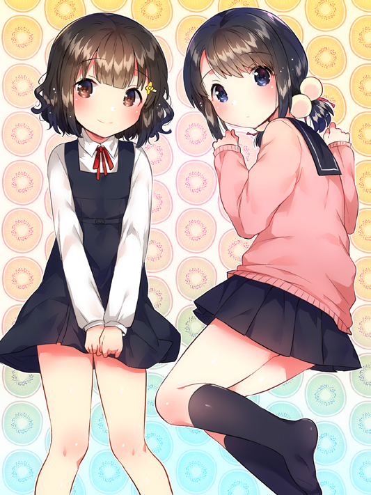 2girls bangs black_dress black_hair black_legwear black_skirt blue_eyes blush brown_eyes brown_hair cardigan closed_mouth commentary_request dress eyebrows_visible_through_hair hair_bobbles hair_ornament hairclip ichihaya kneehighs long_sleeves low_ponytail lying multiple_girls no_shoes on_back on_side original pink_cardigan pleated_skirt school_uniform serafuku shirt skirt smile white_shirt