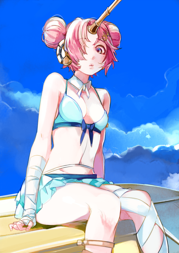 1girl :o bandage bandaged_arm bandaged_leg bangs bare_shoulders bikini bikini_skirt blue_background blue_bikini blue_eyes breasts clouds day detached_collar double_bun eyebrows_visible_through_hair fate/grand_order fate_(series) fingernails frankenstein's_monster_(swimsuit_saber)_(fate) frilled_skirt frills hair_ornament hair_over_one_eye hairclip headgear horn looking_at_viewer medium_breasts navel one_eye_covered outdoors pink_hair short_hair sitting skirt solo swimsuit tribute