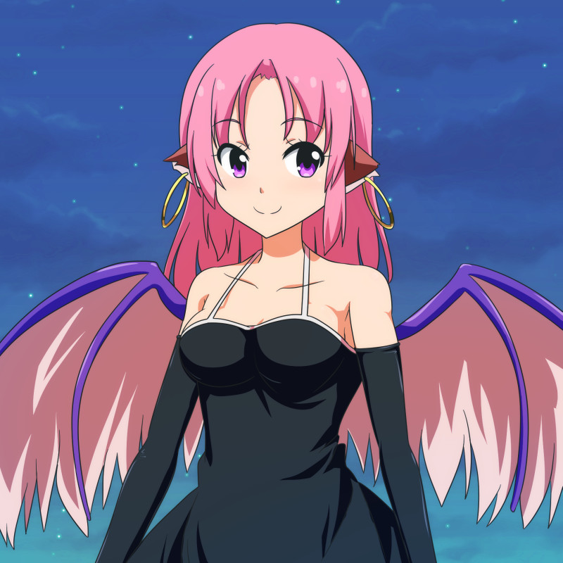 1girl alternate_costume bare_shoulders bird_wings black_dress black_gloves breasts cato_(monocatienus) commentary_request dress earrings elbow_gloves gloves jewelry looking_at_viewer mystia_lorelei night night_sky no_hat no_headwear pink_eyes pink_hair sky smile solo touhou upper_body wings