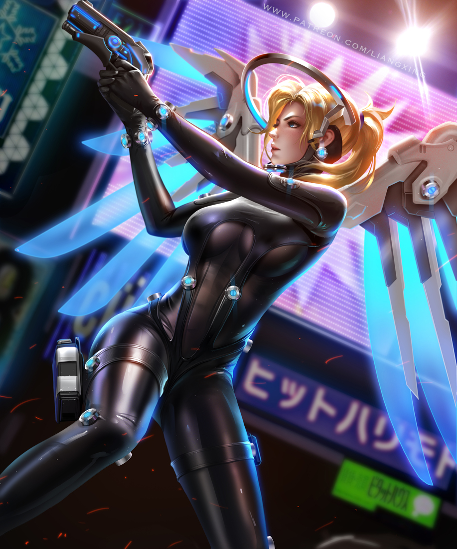 1girl aiming artist_name backlighting blonde_hair blue_eyes blue_wings blurry blurry_background bodysuit breasts closed_mouth crossover depth_of_field earrings embers feet_out_of_frame gantz gantz_suit glowing gluteal_fold gun halo high_ponytail holding holding_gun holding_weapon holster jewelry legs_apart lens_flare liang_xing lips looking_to_the_side mechanical_halo mechanical_wings medium_breasts mercy_(overwatch) neon_lights overwatch patreon_username pink_lips ponytail profile screen serious shiny shiny_clothes solo spread_wings standing thigh_holster watermark weapon web_address wings