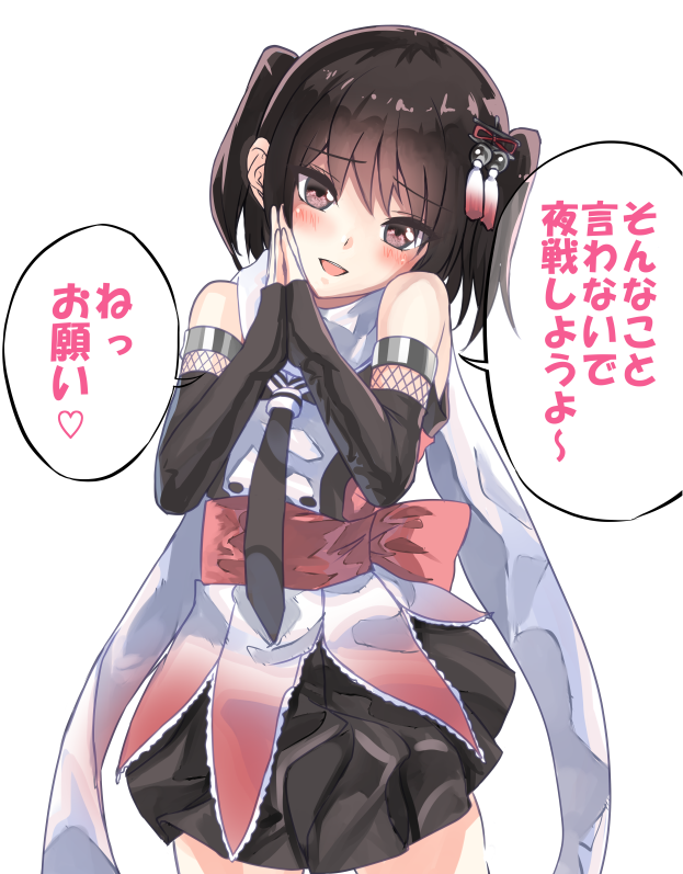 1girl bangs bare_shoulders black_gloves black_neckwear black_skirt blush brown_eyes brown_hair cowboy_shot double-breasted elbow_gloves eyebrows_visible_through_hair fingerless_gloves frills gloves hair_ornament hairpin head_tilt heart kantai_collection looking_at_viewer neckerchief night_battle_idiot own_hands_together pleated_skirt sash scarf school_uniform sendai_(kantai_collection) serafuku shiny shiny_hair short_hair simple_background skirt solo speech_bubble standing talking tassel tooi_aoiro translation_request tsurime two_side_up white_background white_scarf