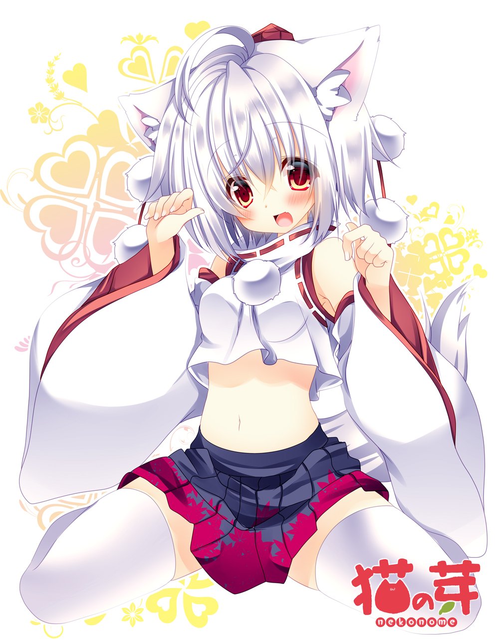 1girl animal_ears detached_sleeves hat highres hikanyan inubashiri_momiji looking_at_viewer navel open_mouth pom_pom_(clothes) red_eyes short_hair silver_hair skirt smile solo tagme tail tokin_hat touhou white_hair wolf_ears wolf_tail