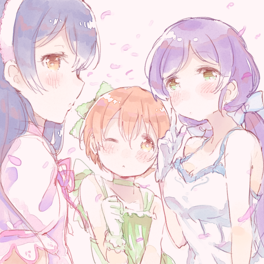 3girls bangs blue_hair blush choker closed_mouth commentary_request dress gloves hair_between_eyes hair_ribbon hoshizora_rin lily_white_(love_live!) long_hair looking_at_viewer love_live! love_live!_school_idol_project low_twintails multiple_girls one_eye_closed orange_hair purple_hair ribbon shijimi_kozou shiranai_love_oshiete_love short_hair sonoda_umi toujou_nozomi twintails yellow_eyes