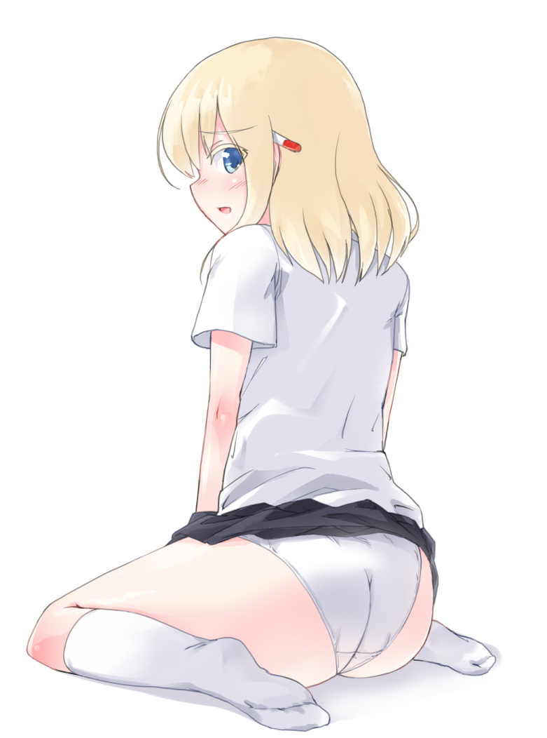 1girl aislinn_wishart ass bangs black_skirt crotch_seam debutya_aki eyebrows_visible_through_hair looking_at_viewer looking_back marker medium_hair miniskirt open_mouth panties pleated_skirt saki shirt short_sleeves simple_background sitting skirt skirt_lift socks solo underwear wariza white_background white_legwear white_panties white_shirt