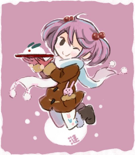 1girl animal_print boots bunny_print coat commentary_request gloves hair_between_eyes hair_bobbles hair_ornament kantai_collection long_sleeves one_eye_closed otoufu pantyhose pink_background pink_eyes pink_hair plate rabbit sazanami_(kantai_collection) scarf smile snow_bunny snowing twintails winter_clothes winter_coat