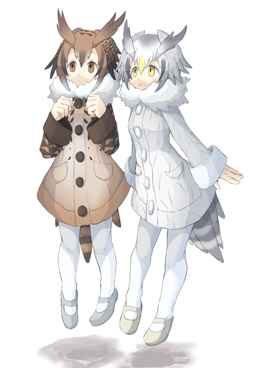 4139 bird_tail black_hair blush brown_coat brown_eyes brown_hair buttons coat eurasian_eagle_owl_(kemono_friends) fur_collar grey_coat grey_hair hair_between_eyes head_wings highres kemono_friends long_sleeves multicolored_hair multiple_girls northern_white-faced_owl_(kemono_friends) open_mouth short_hair tail tail_feathers white_hair white_legwear yellow_eyes