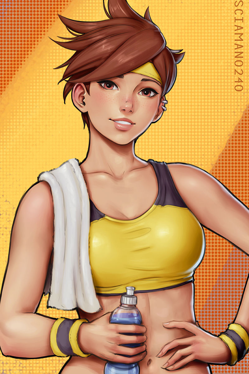 1girl bottle brown_hair earrings freckles hand_on_hip highres jewelry looking_at_viewer mirco_cabbia navel overwatch smile solo spiky_hair sports_bra stomach toned towel towel_on_one_shoulder tracer_(overwatch) upper_body water_bottle wristband