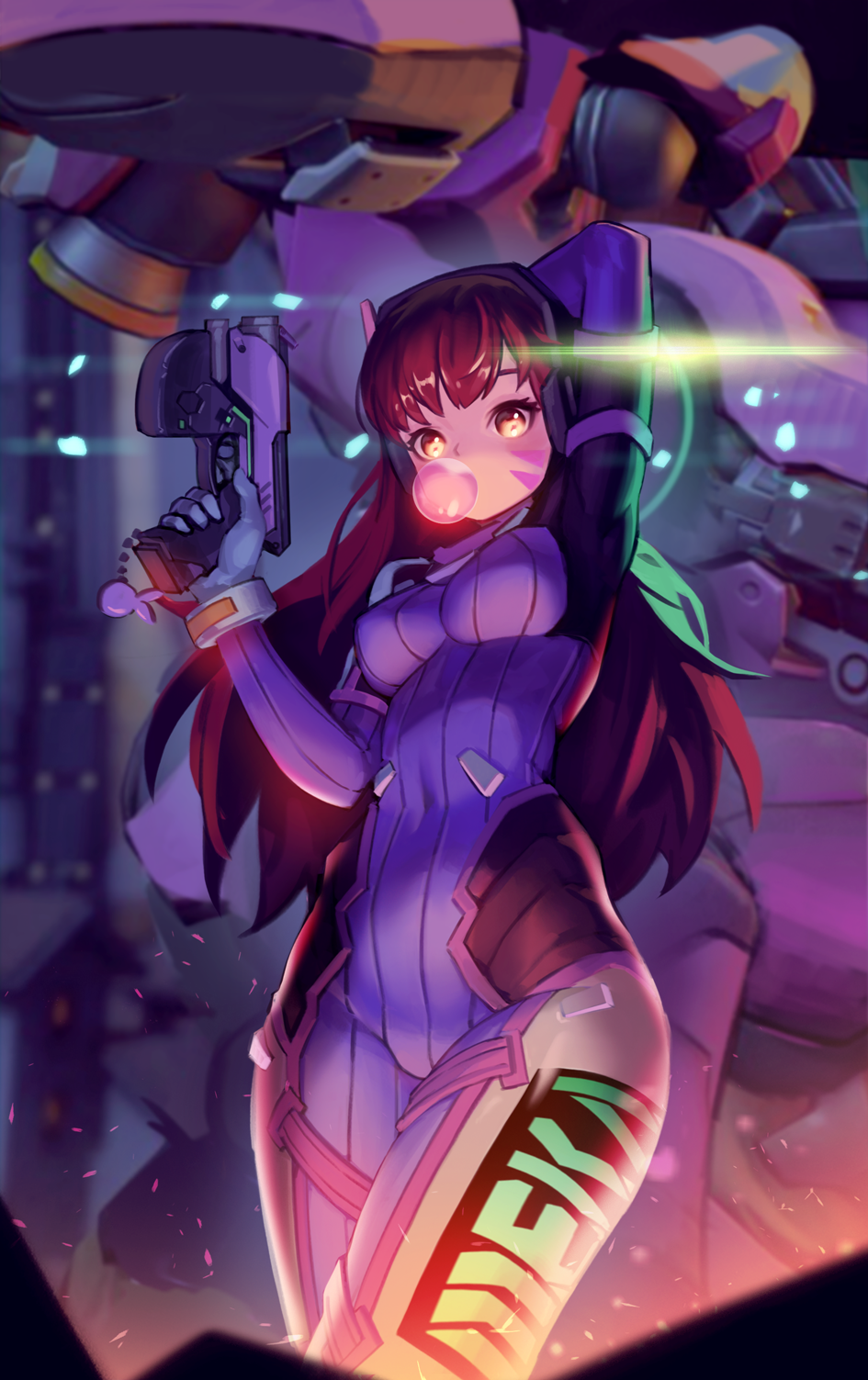 1girl acronym arm_behind_head arm_cannon arm_up bangs blue_bodysuit bodysuit boots bracer breasts breasts_apart brown_eyes brown_hair bubble_blowing charm_(object) chewing_gum cowboy_shot d.va_(overwatch) eyelashes facepaint facial_mark finger_on_trigger gloves gun hand_up handgun headphones highres holding holding_gun holding_weapon impossible_clothes legs_together lim_jaejin long_hair looking_at_viewer mecha medium_breasts meka_(overwatch) nose overwatch pauldrons pilot_suit ribbed_bodysuit shoulder_pads skin_tight solo sparkle standing thigh-highs thigh_boots thigh_strap thrusters turtleneck weapon whisker_markings white_footwear white_gloves