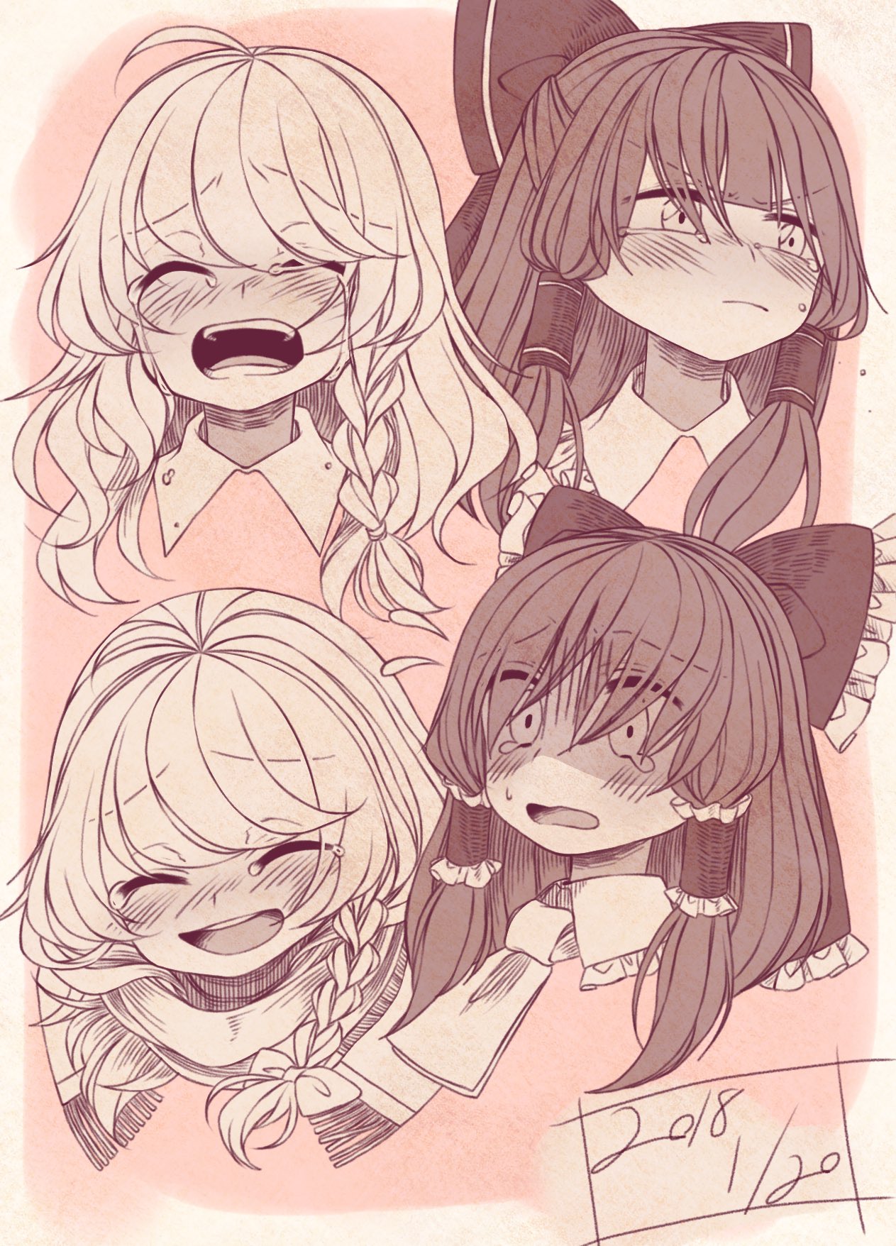 2girls blush bow closed_eyes closed_mouth collar commentary_request crying dated embarrassed eyebrows_visible_through_hair hair_bow hair_ribbon hair_tubes hakurei_reimu highres iiha_toobu kirisame_marisa laughing looking_away medium_hair multiple_girls multiple_persona open_mouth ribbon tears touhou upper_body