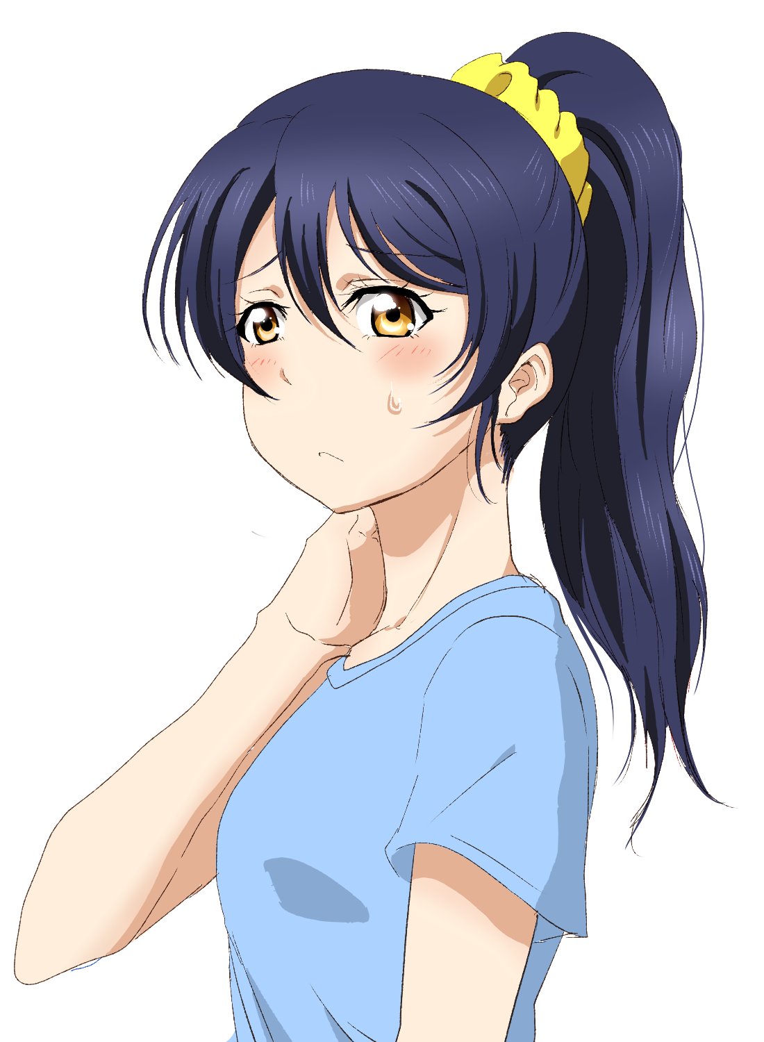 1girl alternate_hairstyle bangs blue_hair blue_shirt blush commentary_request hair_between_eyes highres long_hair love_live! love_live!_school_idol_project ponytail scrunchie shirt shogo_(4274732) simple_background solo sonoda_umi upper_body white_background yellow_eyes