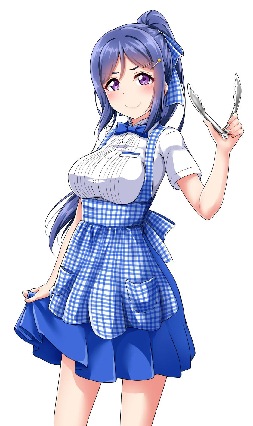 1girl apron blue_hair blue_neckwear blue_skirt blush bow bowtie breasts commentary_request doyagao gingham hair_ornament hair_ribbon hairpin highres koubeya_uniform large_breasts long_ponytail looking_at_viewer love_live! love_live!_sunshine!! matsuura_kanan ribbon shirt short_sleeves simple_background skirt skirt_hold smile solo tongs underbust uniform v-shaped_eyebrows violet_eyes white_background white_shirt yopparai_oni