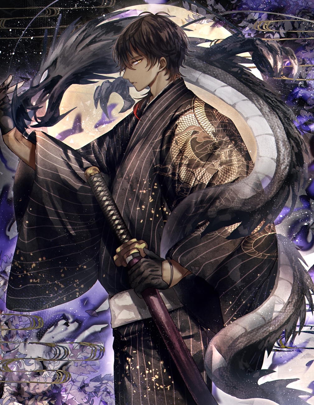 1boy abandon_ranka black_gloves brown_hair dark_skin dark_skinned_male dragon eastern_dragon gloves highres japanese_clothes katana kimono male_focus ookurikara parted_lips profile sheath sheathed sword touken_ranbu weapon yellow_eyes