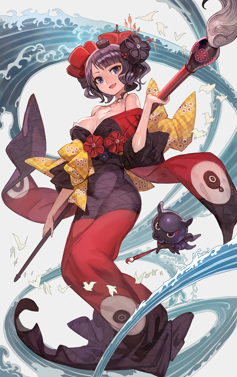1girl :d bangs bird blue_eyes blunt_bangs breasts calligraphy_brush commentary_request eyebrows_visible_through_hair fate/grand_order fate_(series) hair_ornament hairpin highres holding japanese_clothes katsushika_hokusai_(fate/grand_order) kimono lack large_breasts looking_at_viewer octopus off_shoulder open_mouth oversized_object paintbrush purple_hair smile solo standing waves