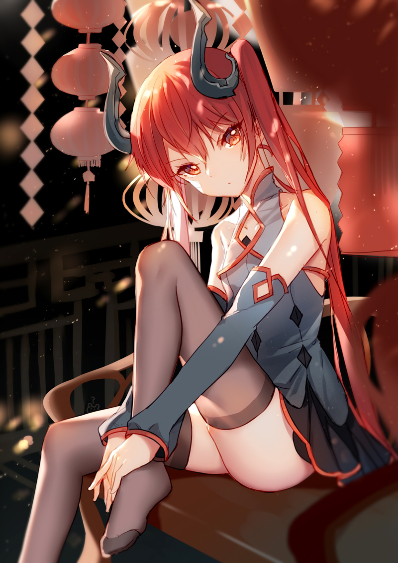 1girl ass bare_shoulders bison_cangshu black_legwear detached_sleeves horns idollers long_hair looking_at_viewer red_eyes redhead sitting solo thigh-highs twintails