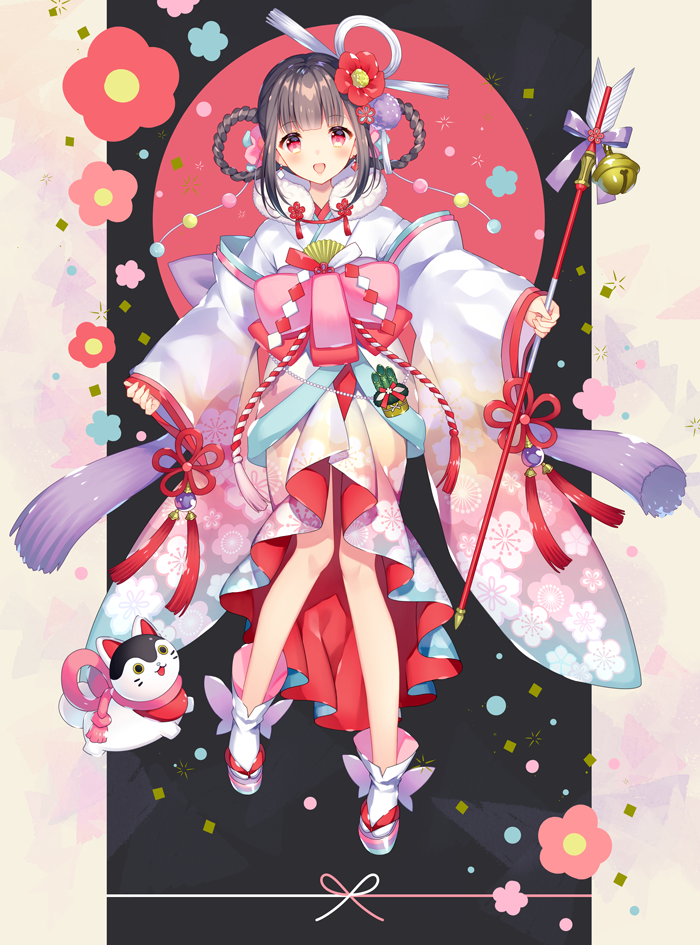 1girl :d animal arrow bell blush bow brown_hair cat commentary_request fingernails flower grey_footwear hair_flower hair_ornament hair_rings hamaya holding_arrow japanese_clothes jingle_bell kimono long_sleeves open_mouth original pink_bow purple_bow red_eyes red_flower sleeves_past_wrists smile socks solo tabi wasabi_(sekai) white_kimono white_legwear wide_sleeves zouri