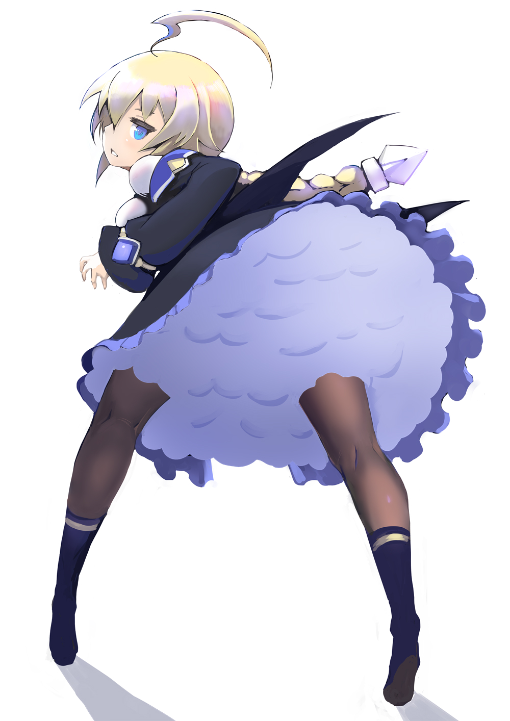 1girl ahoge bent_over blazblue blonde_hair blue_eyes boots braid breasts detached_sleeves es_(xblaze) from_behind full_body highres huge_ahoge johan_(johan13) kneepits large_breasts long_hair looking_at_viewer looking_back pantyhose petticoat single_braid solo upskirt xblaze xblaze_code:_embryo