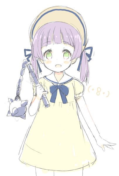 1girl :d bangs blonde_hair blush commentary_request copyright_request cowboy_shot dress eyebrows_visible_through_hair flail green_eyes holding holding_weapon looking_at_viewer meito_(maze) open_mouth puffy_short_sleeves puffy_sleeves purple_hair sailor_dress short_sleeves simple_background sketch smile solo twintails weapon white_background yellow_dress