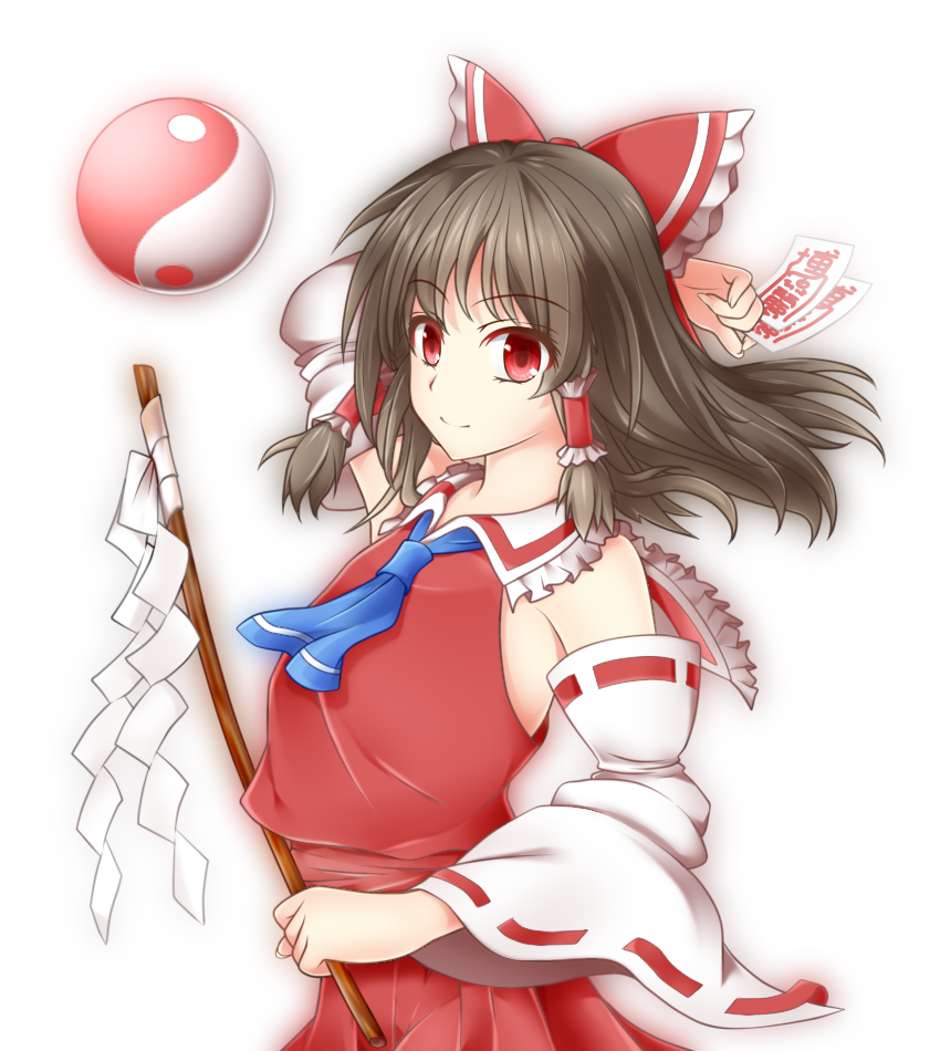 1girl arm_behind_head ascot blue_neckwear bow closed_mouth detached_sleeves eyebrows_visible_through_hair gohei hair_tubes hakurei_reimu looking_at_viewer ofuda red_bow red_eyes red_skirt ribbon-trimmed_sleeves ribbon_trim shide short_hair skirt skirt_set smile solo touhou vest vh(yuv-achi) yin_yang