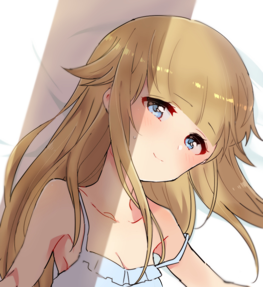 1girl armpits bangs bare_shoulders bed_sheet blonde_hair blue_camisole blue_eyes blush breasts camisole cleavage closed_mouth collarbone eyebrows_visible_through_hair hair_flaps long_hair looking_at_viewer lying merry_(168cm) on_side princess_(princess_principal) princess_principal small_breasts smile solo strap_slip sweat very_long_hair