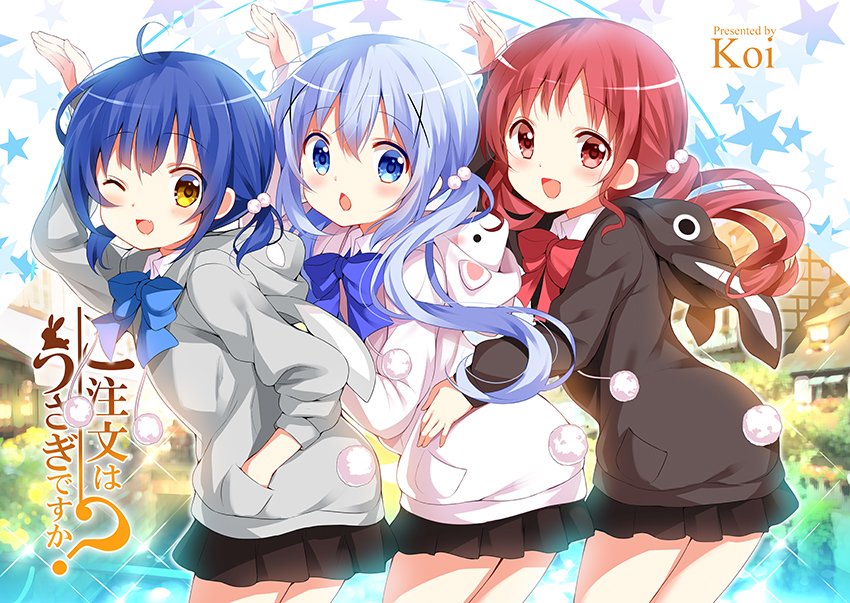 1girl :d ;d animal_hood artist_name black_skirt blue_eyes blue_hair bow bunny_hood bunny_tail chestnut_mouth commentary_request copyright_name fake_tail gochuumon_wa_usagi_desu_ka? hair_bobbles hair_ornament hand_in_pocket hand_up hood hood_down koi_(koisan) long_hair looking_at_viewer one_eye_closed open_mouth red_eyes redhead short_hair short_twintails skirt smile solo star starry_background tail twintails x_hair_ornament yellow_eyes